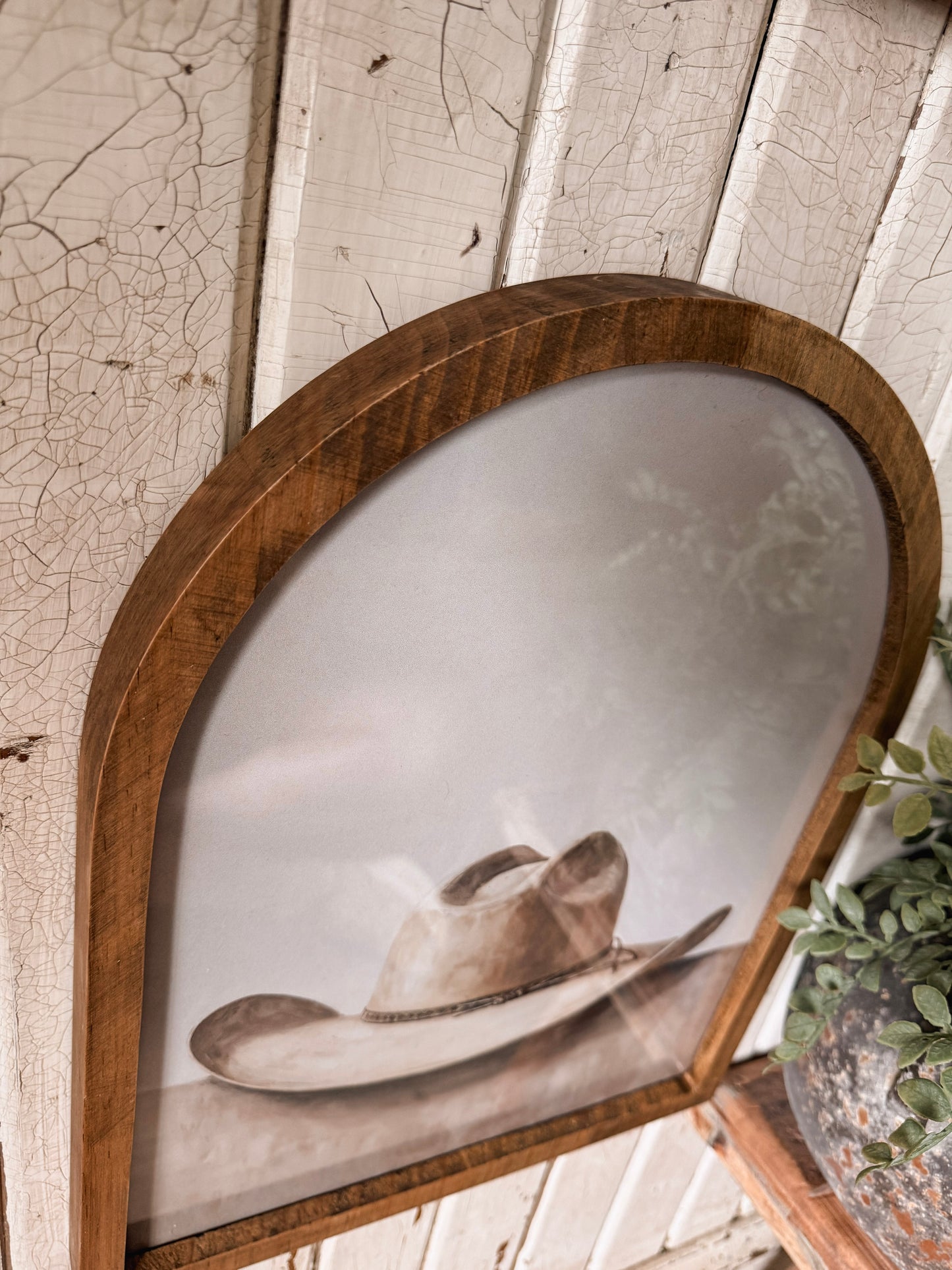 Vintage Neutral Cowboy Hat Framed Arched Print