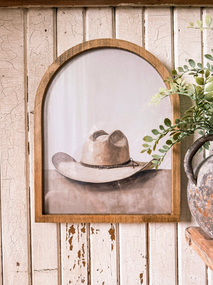 Vintage Neutral Cowboy Hat Framed Arched Print