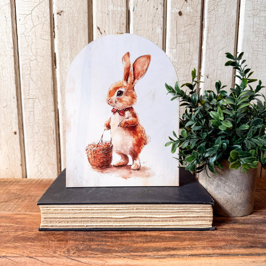 Bunny with Basket Arched Wood Sign Shelf Sitter