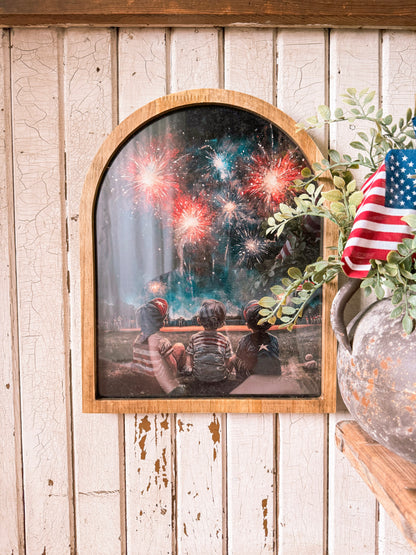 Three Boys in Field with Fireworks Framed Arched Print