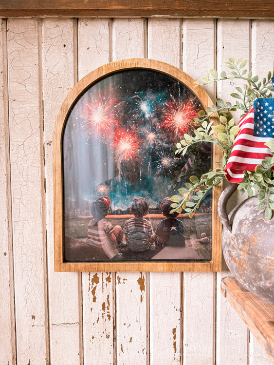 Three Boys in Field with Fireworks Framed Arched Print