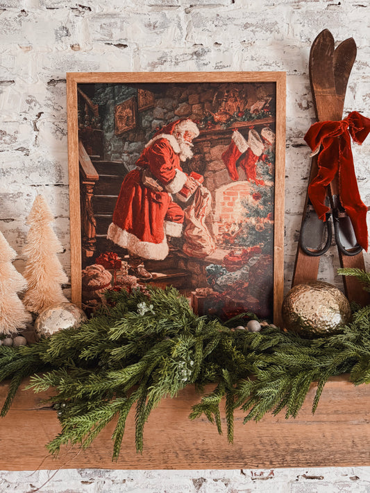 Retro Santa by Fireplace with Christmas Stockings