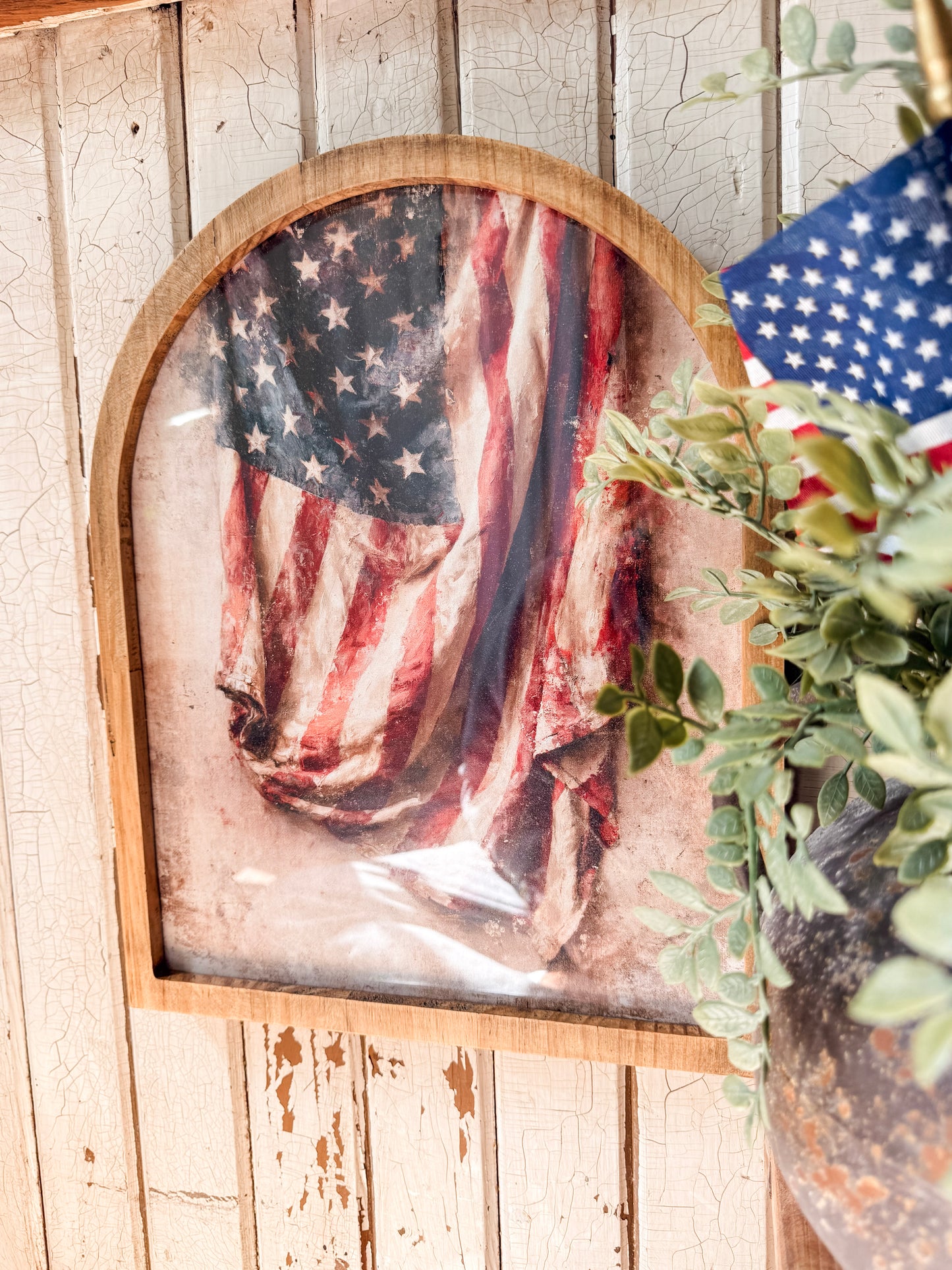 Vintage Vertical American Flag Framed Arched Print