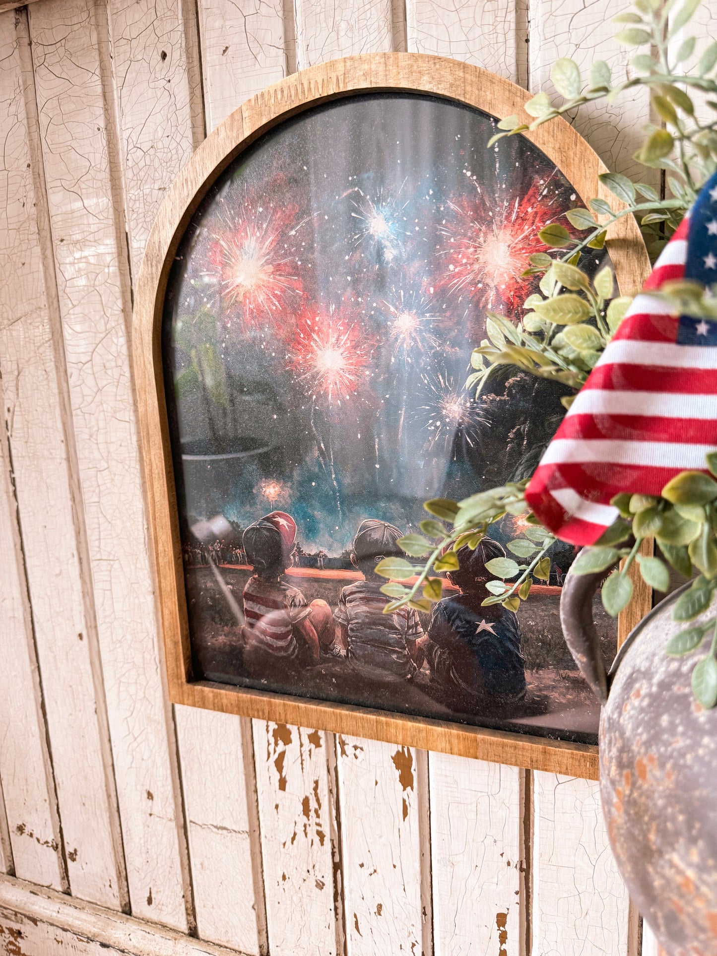 Three Boys in Field with Fireworks Framed Arched Print