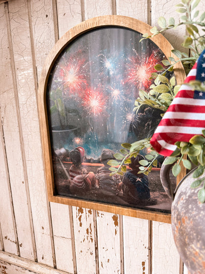 Three Boys in Field with Fireworks Framed Arched Print