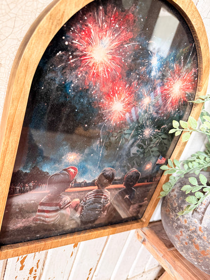 Three Boys in Field with Fireworks Framed Arched Print