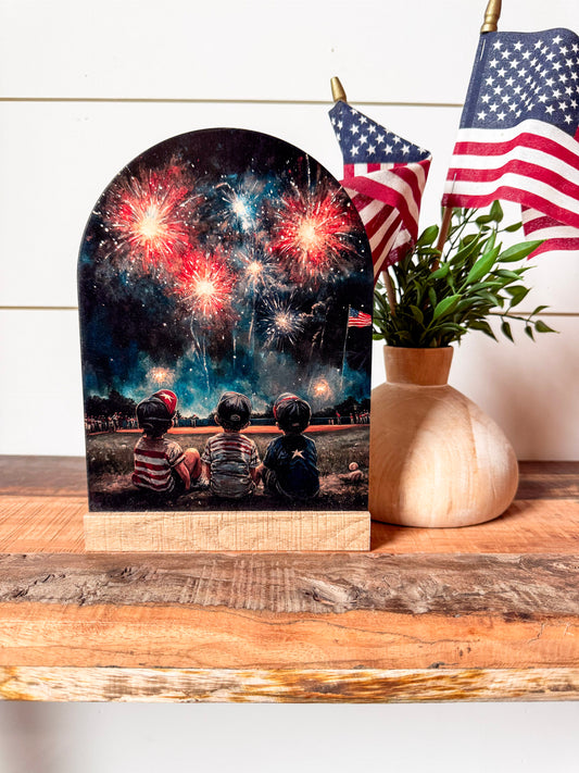 Vintage 4th of July Three Boys and Fireworks Arched Sign