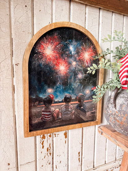 Three Boys in Field with Fireworks Framed Arched Print