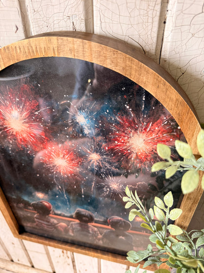 Three Boys in Field with Fireworks Framed Arched Print