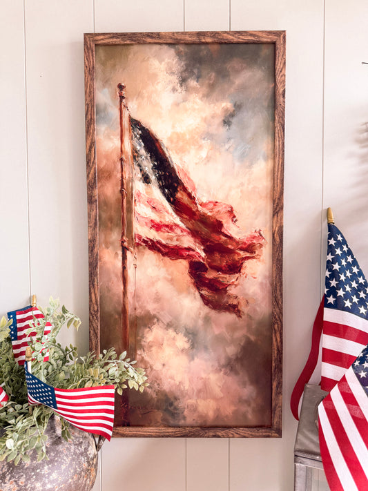 Vintage Patriotic American Flag in Clouds 4th of July Wood Sign