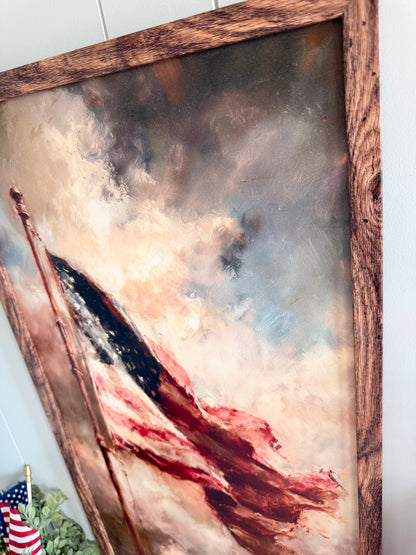 Vintage Patriotic American Flag in Clouds 4th of July Wood Sign