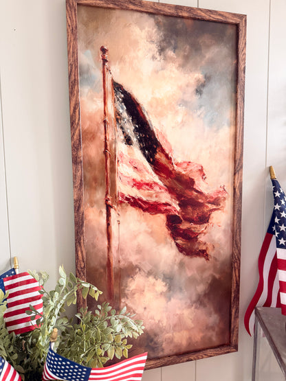 Vintage Patriotic American Flag in Clouds 4th of July Wood Sign