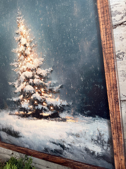 Moody Lit Up Evergreen Tree Wood Sign