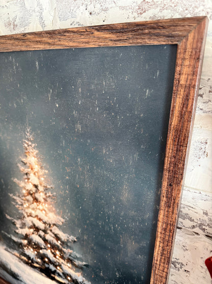 Moody Lit Up Evergreen Tree Wood Sign