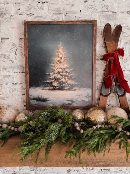 Moody Lit Up Evergreen Tree Wood Sign