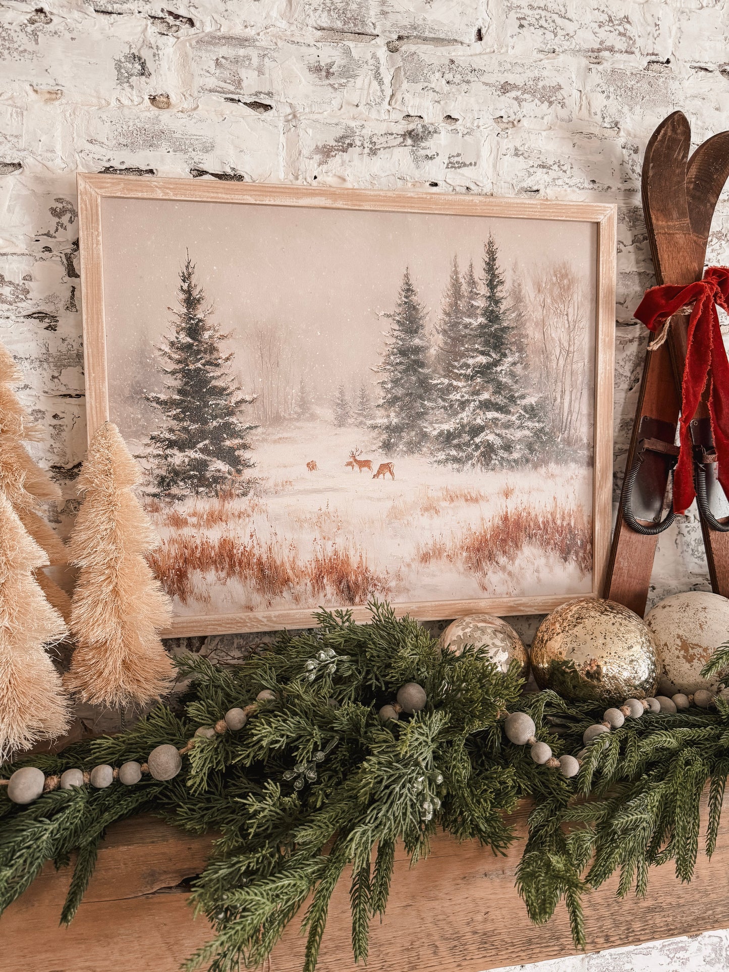 Snowy Forest with Deer Wood Sign