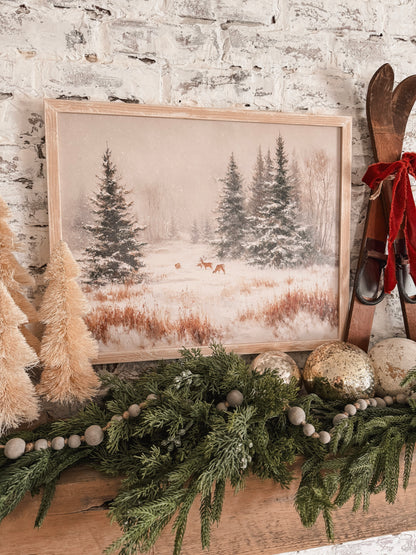 Snowy Forest with Deer Wood Sign