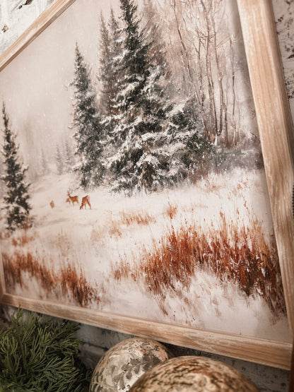 Snowy Forest with Deer Wood Sign