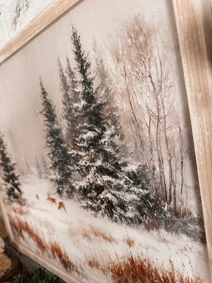 Snowy Forest with Deer Wood Sign