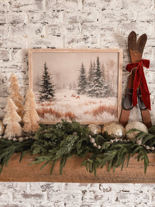 Snowy Forest with Deer Wood Sign