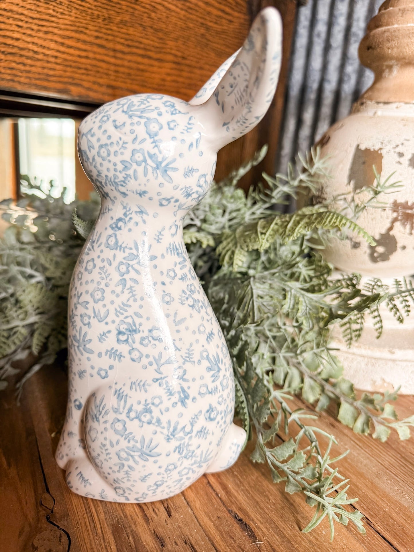 Blue Floral Ceramic Bunny