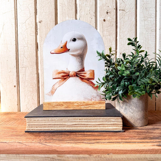 Duck Face with Bow Arched Wood Sign Shelf Sitter