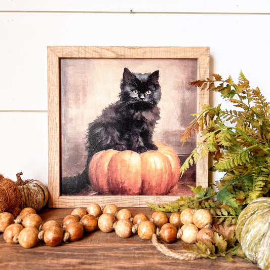 Black Cat on Pumpkin Halloween Sign