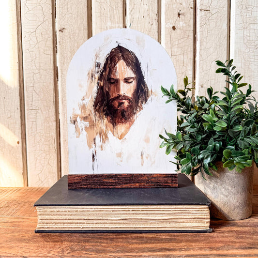 Jesus Face Arched Wood Sign Shelf Sitter