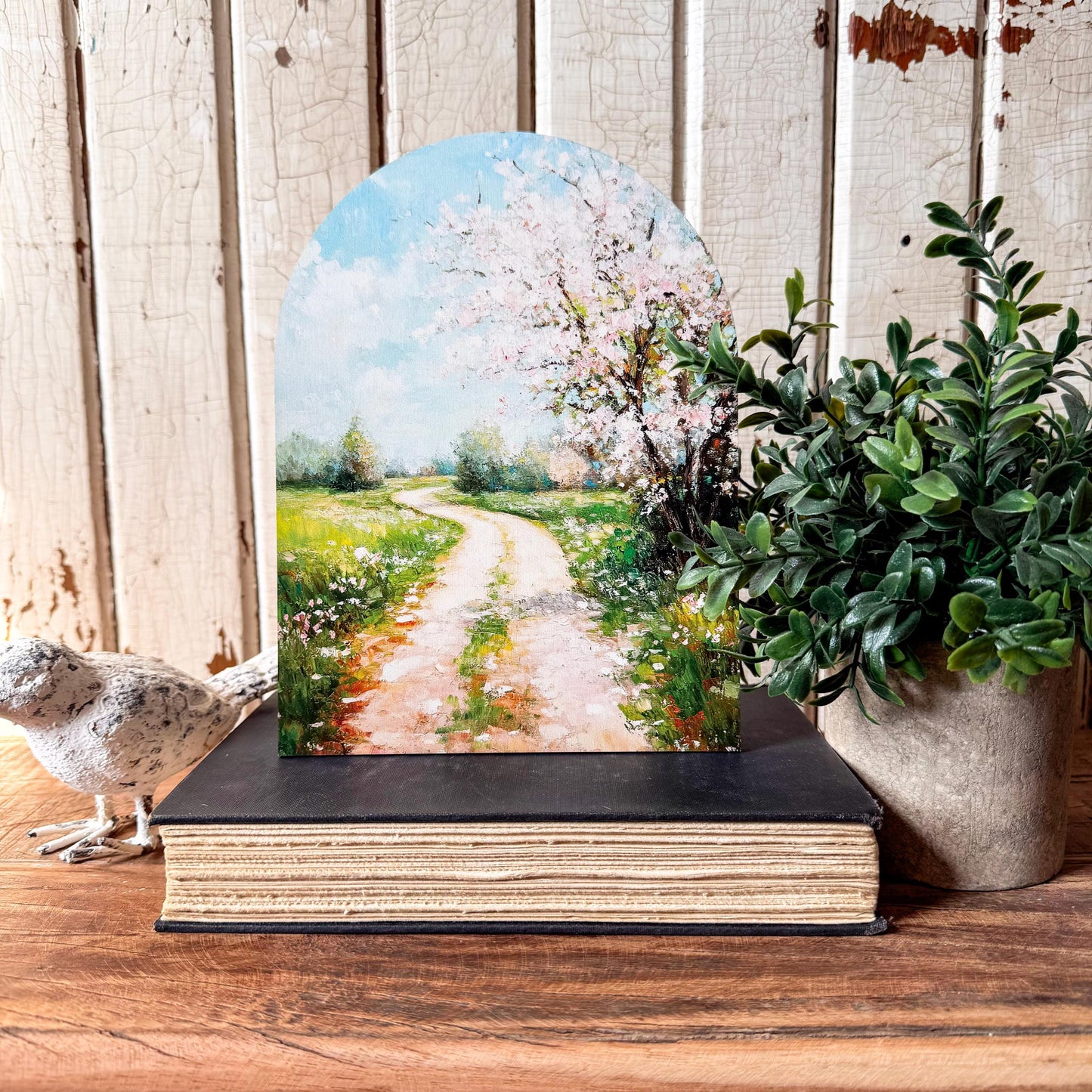 Spring Country Road Arched Wood Sign Shelf Sitter