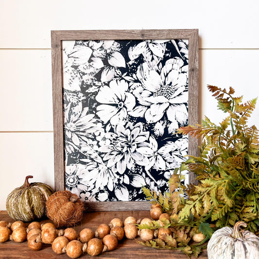 Black and White Floral Wood Sign