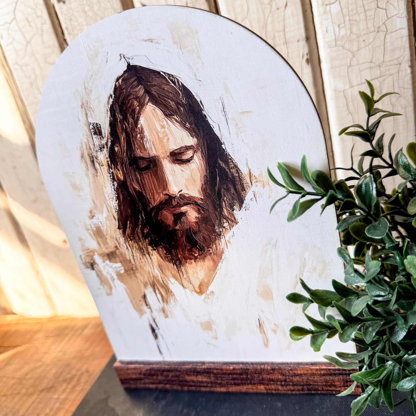 Jesus Face Arched Wood Sign Shelf Sitter