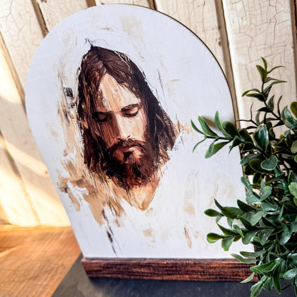 Jesus Face Arched Wood Sign Shelf Sitter