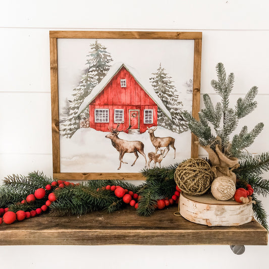 Red Barn Winter Wood Sign