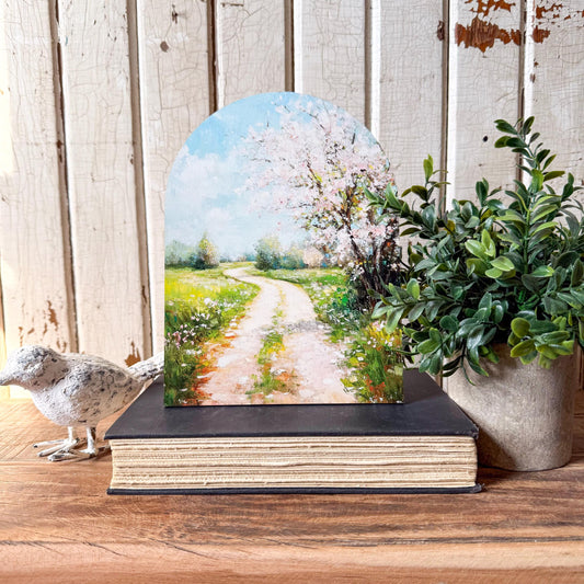 Spring Country Road Arched Wood Sign Shelf Sitter