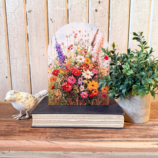 Colorful Summer Wildflowers Arched Wood Sign Shelf Sitter
