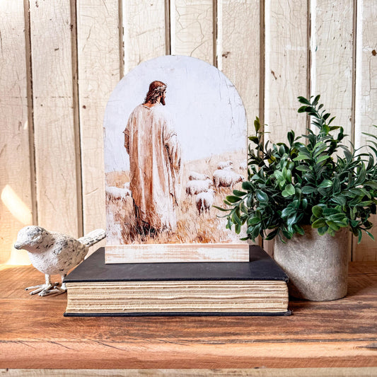 Jesus with Sheep Arched Wood Sign Shelf Sitter