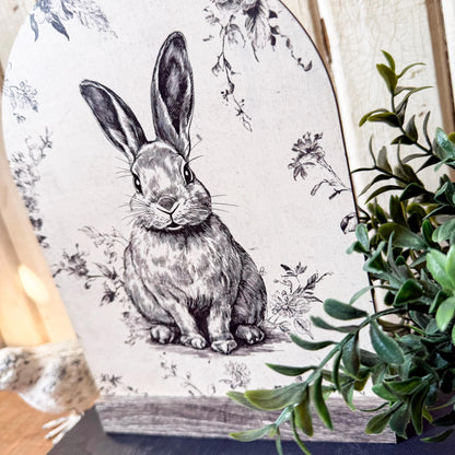 Vintage Neutral Rabbit Arched Wood Sign Shelf Sitter