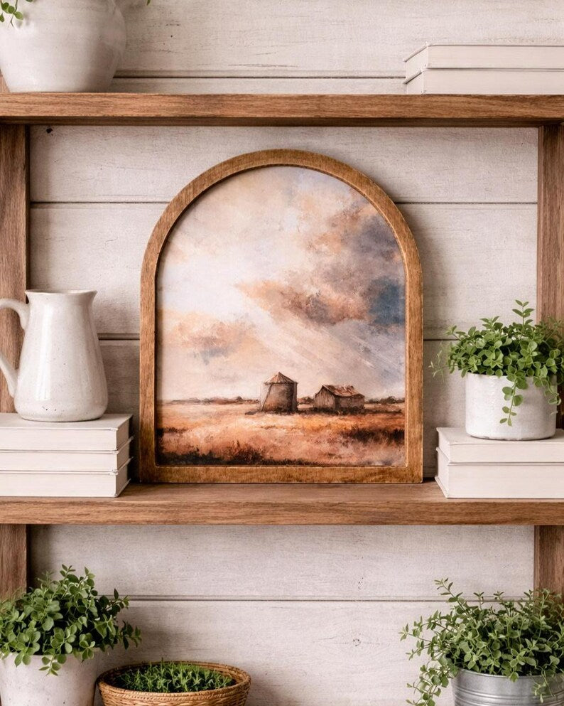Summer Grain Bins in Field Framed Arched Print