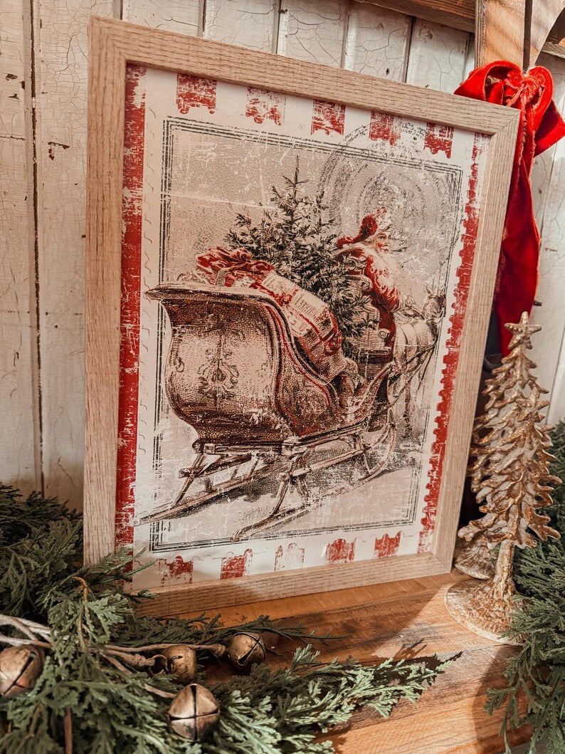 Vintage Christmas Santa w/ Sleigh Stamp Wood Sign