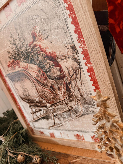 Vintage Christmas Santa w/ Sleigh Stamp Wood Sign