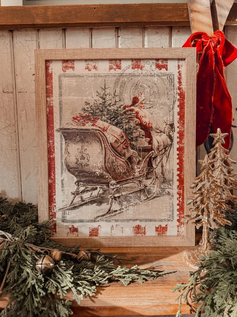 Vintage Christmas Santa w/ Sleigh Stamp Wood Sign