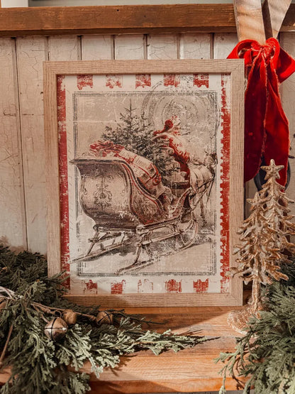 Vintage Christmas Santa w/ Sleigh Stamp Wood Sign