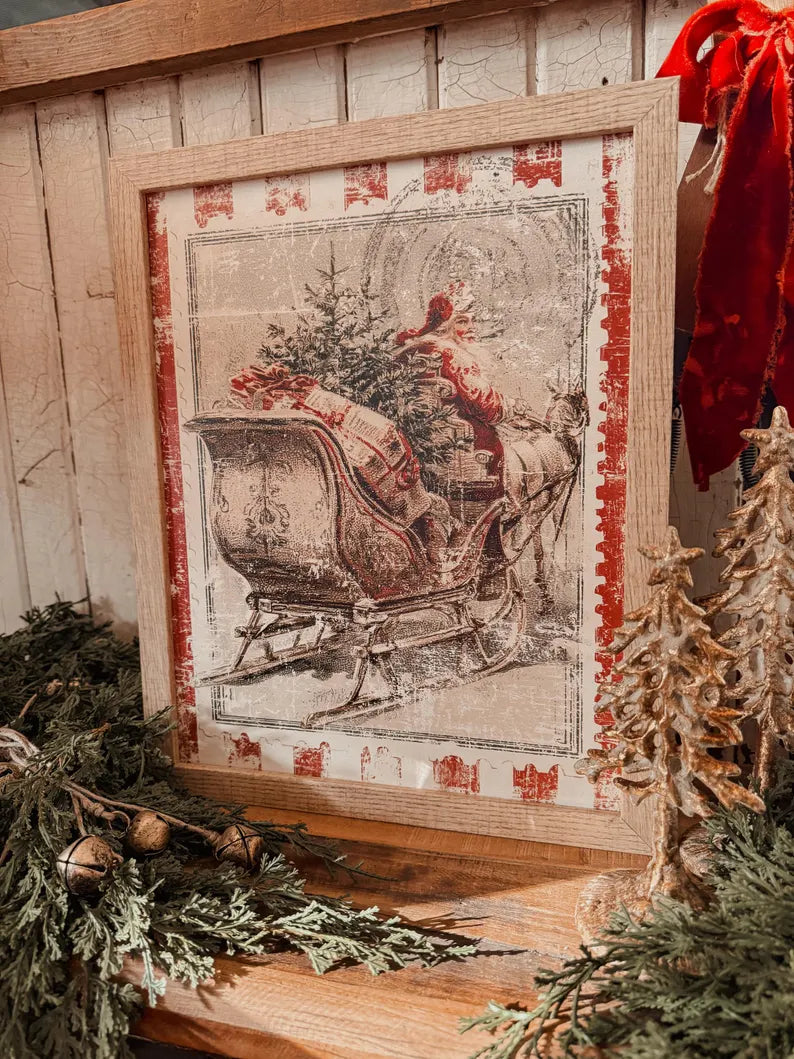 Vintage Christmas Santa w/ Sleigh Stamp Wood Sign