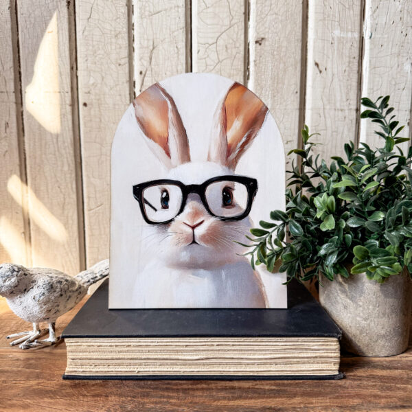 Bunny with Glasses Arched Wood Sign Shelf Sitter