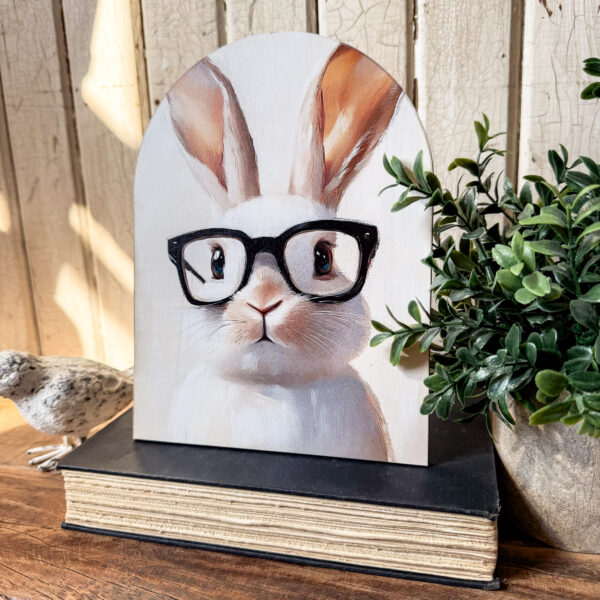 Bunny with Glasses Arched Wood Sign Shelf Sitter - Image 2