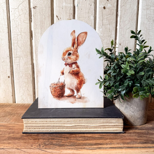 Bunny with Basket Arched Wood Sign Shelf Sitter