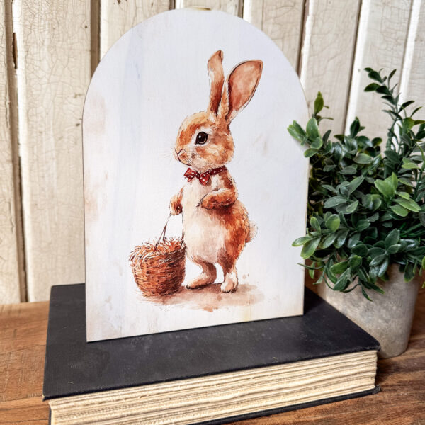 Bunny with Basket Arched Wood Sign Shelf Sitter - Image 2