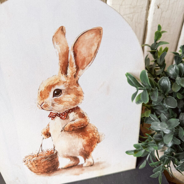 Bunny with Basket Arched Wood Sign Shelf Sitter - Image 3