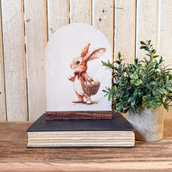 Bunny With Egg Basket Arched Wood Sign Shelf Sitter