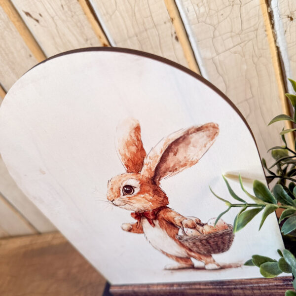 Bunny With Egg Basket Arched Wood Sign Shelf Sitter - Image 3